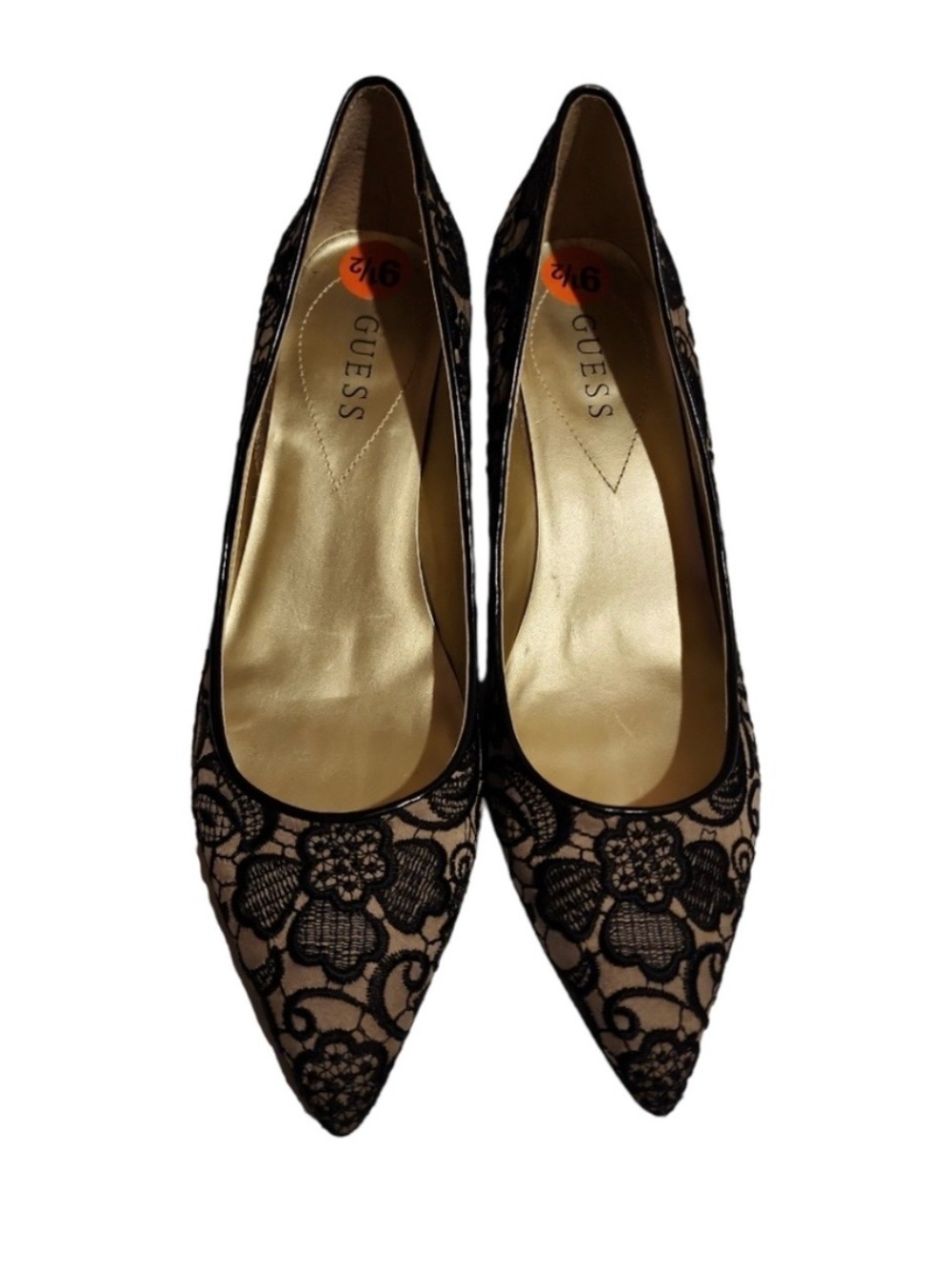 Guess Tan And Black Lace Kitten Heels